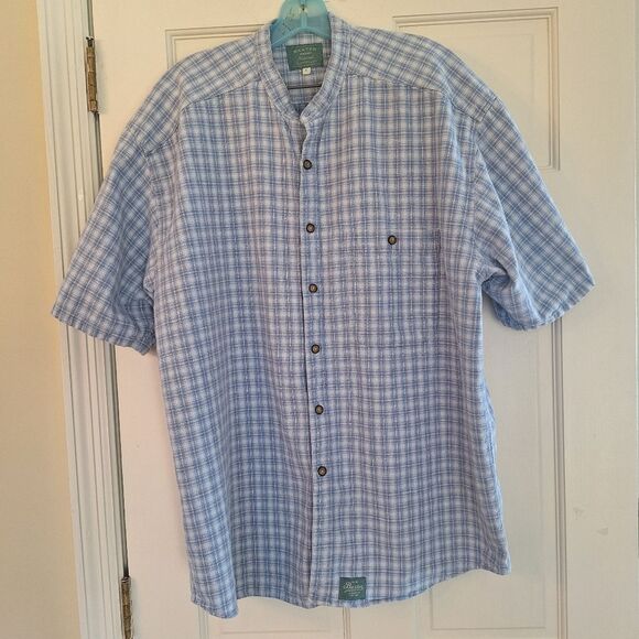 Baxter Brand Natural Clothing Shirt Linen Cotton Blend Blue Plaid L Band Collar - Picture 14 of 15